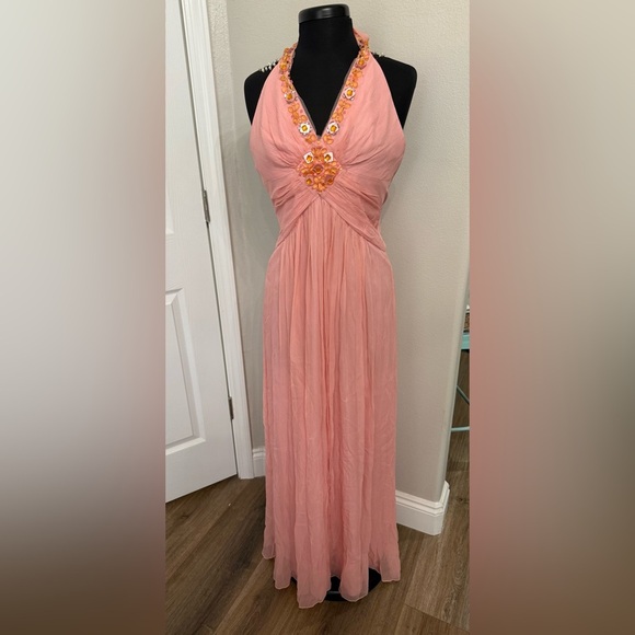 Y2K BCBGMAXAZRIA PINK ICE SILK BEADED PLEATED HALTER FORMAL GOWN SIZE 6 PROM - Picture 1 of 7